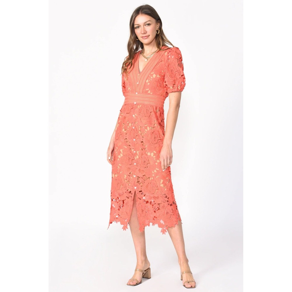 Adelyn Rae Adrian Crochet Lace Dress Orange 3D Floral Lace Midi V-Neck  L